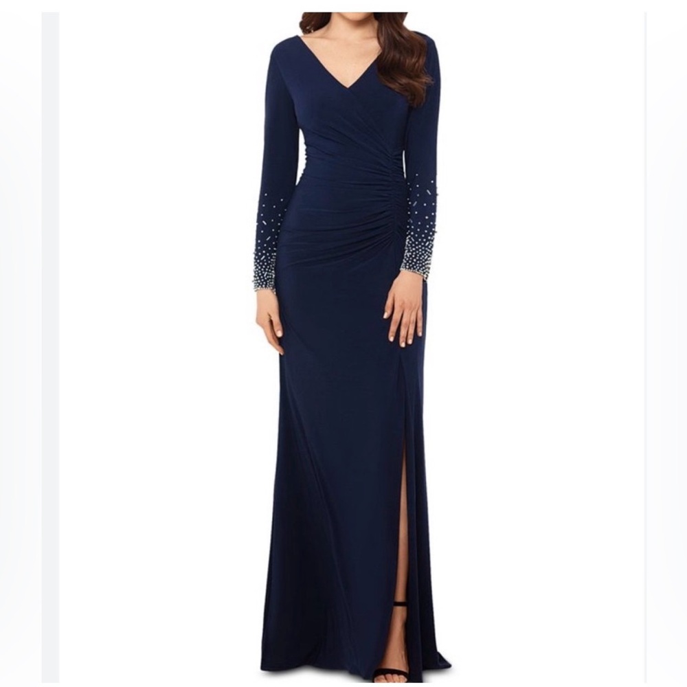 Xscape Beaded Sleeve A Line Gown Size 8 Navy V Neck Ruched Slit Mother Of Bride